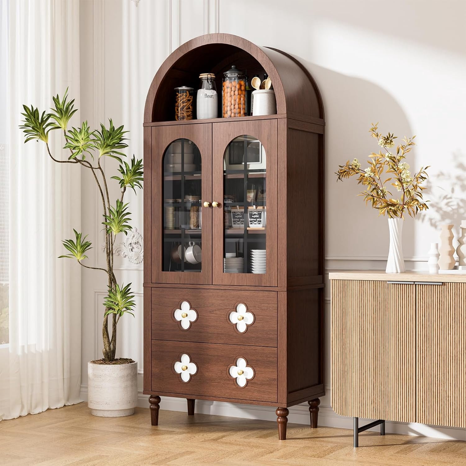 SLSY 71-inch Tall Arched Kitchen Locker with Glass Doors, Vintage ...