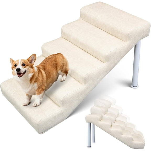 SLSY Adjustable Pet Stairs for Beds and Sofas - 5 Levels 23" - 32" High Non-Slip Dog Steps, Loads Up to 150lbs - Linen Faux Leather Dog Stairs for Small and Medium Dogs and Cats