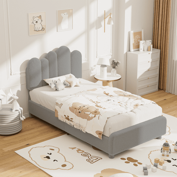 SLSY Double Bed Frame with Headboard, Cactus Upholstered Platform Bed for Boys and Girls, Soft Rounded Corners, Solid Wood Slats for Support/No Box Spring Required, Grey