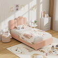 thumbnail image 1 of SLSY Double Bed Frame with Headboard, Cactus Upholstered Platform Bed for Boys and Girls, Soft Rounded Corners, Solid Wood Slats for Support/No Box Spring Required, Pink, 1 of 9