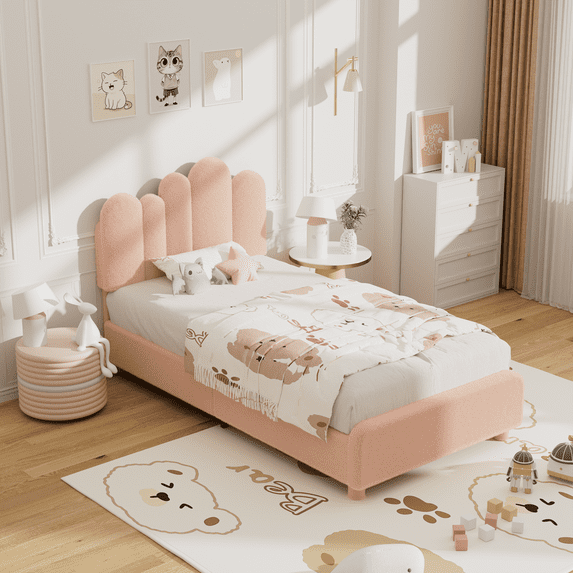 SLSY Double Bed Frame with Headboard, Cactus Upholstered Platform Bed for Boys and Girls, Soft Rounded Corners, Solid Wood Slats for Support/No Box Spring Required, Pink