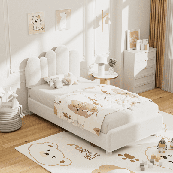 SLSY Double Bed Frame with Headboard, Cactus Upholstered Platform Bed for Boys and Girls, Soft Rounded Corners, Solid Wood Slats for Support/No Box Spring Required, White