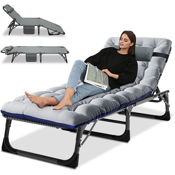 SLSY Folding Camping Cot with 2 Sided Cushion & Pillow, Adjustable 5-Position Outdoor Portable Folding Lounge Chair, Folding Sleeping Cots Bed