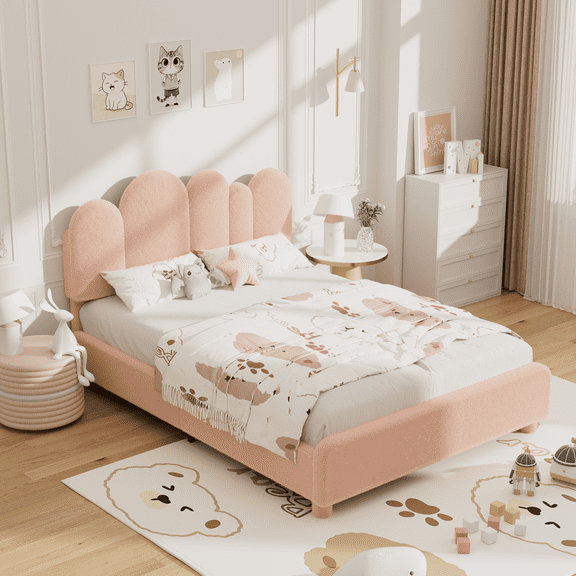 SLSY Full Size Bed Frame with Headboard, Cactus Upholstered Platform Bed for Boys and Girls, Soft Rounded Corners, Solid Wood Slats for Support/No Box Spring Required, Pink