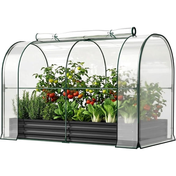 SLSY Galvanized Raised Garden Bed with PVC Cover,Metal Planter Bottomless Box w/ Roll-Up Window,Mini Greenhouse Tent for Vegetables Flower Fruit