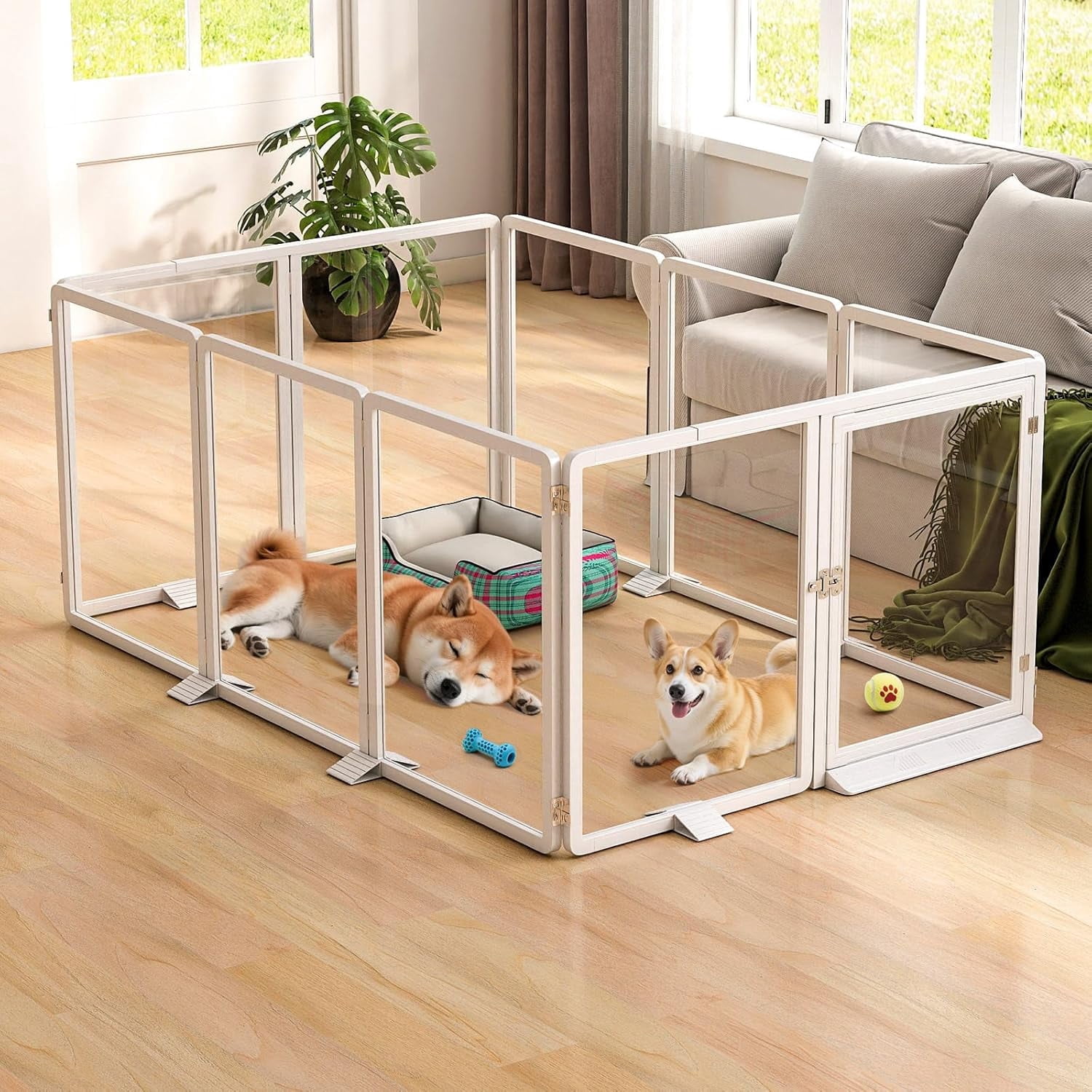 Slsy Indoor Clear Dog Playpen, Foldable Dog Playpen for Puppies, Cats and Small Animals, 26 Inch Clear Pet Puppy Playpen, 10 Panels, White Aluminum Frame
