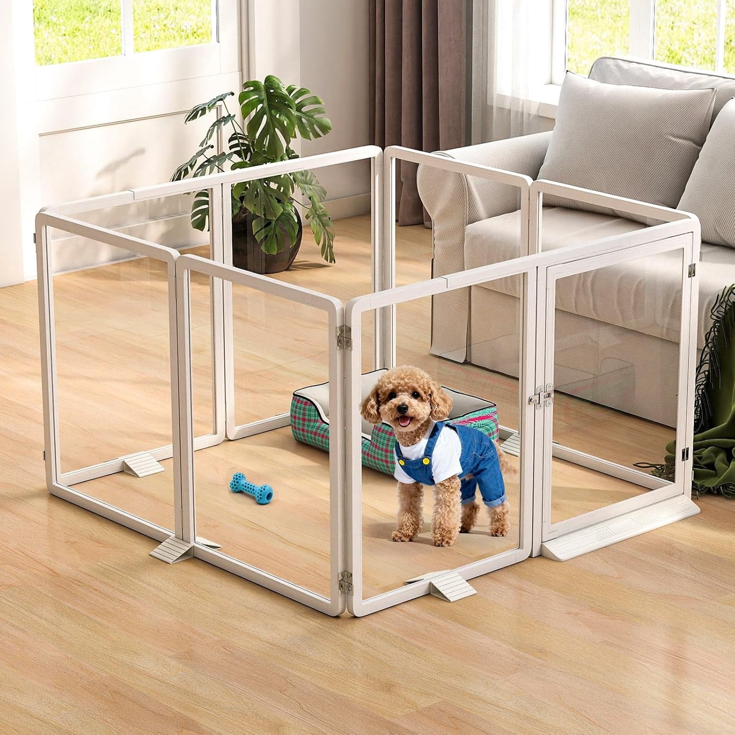 Slsy Indoor Clear Dog Playpen, Foldable Dog Playpen for Puppies, Cats and Small Animals, 26 Inch Clear Pet Puppy Playpen, 8 Panels, White Aluminum Frame