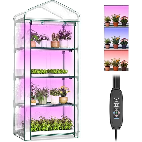 SLSY Indoor Greenhouse with Grow Light, 4-Tier Mini Greenhouse 27.6"x19"x63" Small Greenhouse with Zippered PVC Cover for Seed Starting Trays, Dimmable Plant Light for SLSY Indoor Plants with Timer