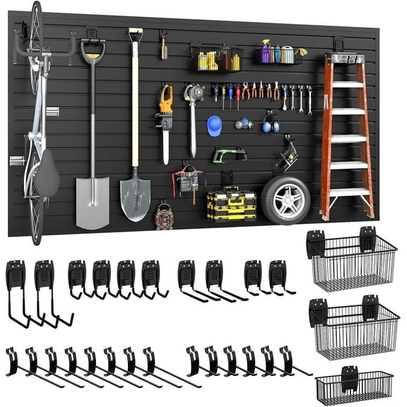 SLSY Slatwall Panel 7.5 FT x 4 FT, Interlocking Slat Wall Paneling w/27 Slatwall Accessories, PVC Slat Wall Panels, Heavy Duty Slatwalls Organizer for Retail Display, Garage Storage