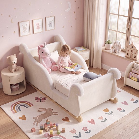 SLSY Sleigh Bed for Kids, Dreamy Centerpiece with Full Foam Padding & Raised Guardrails, Fits Crib Size Mattress, 200 lbs Max Load