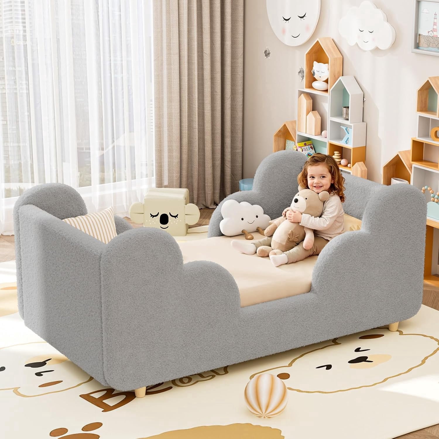 SLSY Toddler Bed,Classic Gray Child Bed for Kids with Extra Safty Broad,Certified Fabric Toddler Floor Bed,Standard Crib Size(Mattress Not Included)