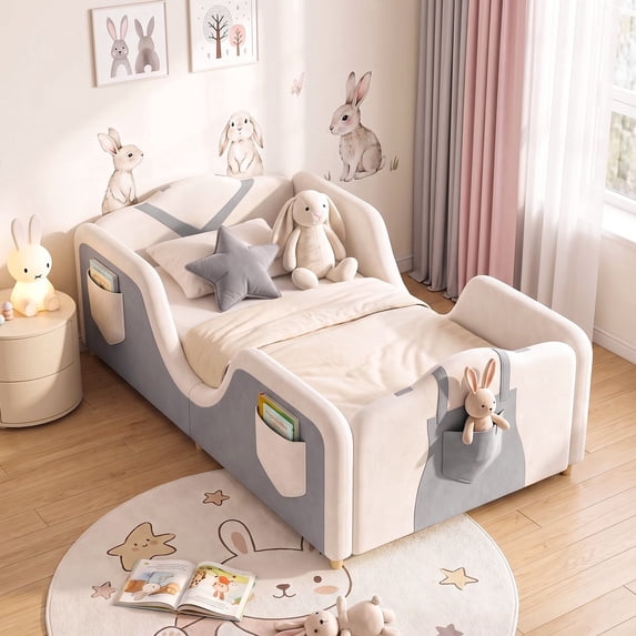 SLSY Toddler Bed, Low-to-Ground Child Bed with Built-in Side Pockets for Books & Toys, Premium Foam Padding, CPC-Certified, Odor-Free Fabric