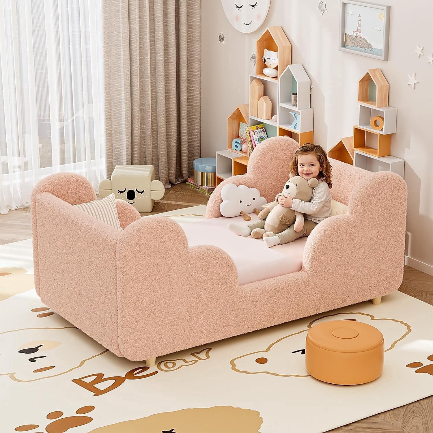 SLSY Toddler Bed,Sweet Pink Child Bed for Kids with Extra Safty Broad,Certified Fabric Toddler Floor Bed,Standard Crib Size(Mattress Not Included)