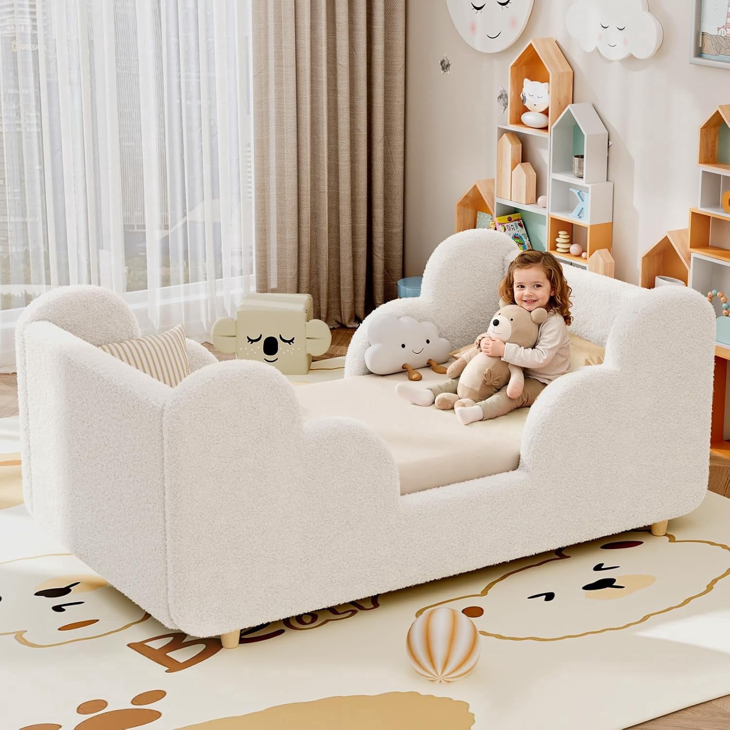 SLSY Toddler Bed,Warm White Child Bed for Kids with Extra Safty Broad,Certified Fabric Toddler Floor Bed,Standard Crib Size(Mattress Not Included)