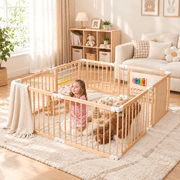 SLSY Wooden Baby Playpen,Foldable Play Yards for Babies and Toddlers,Large Wood Play Gate with Built-in Toys,Baby Fence Activity Center,63''x63''x24''