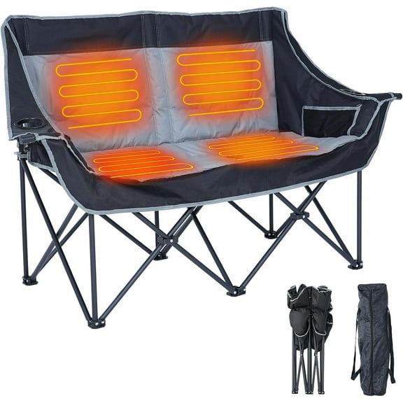 SLSY heated double camping chair, Heated folding camping chair double outdoor sports chair, 2-person camping chair, Adult heated extra-large double chair, 3 heating levels, No batteries included