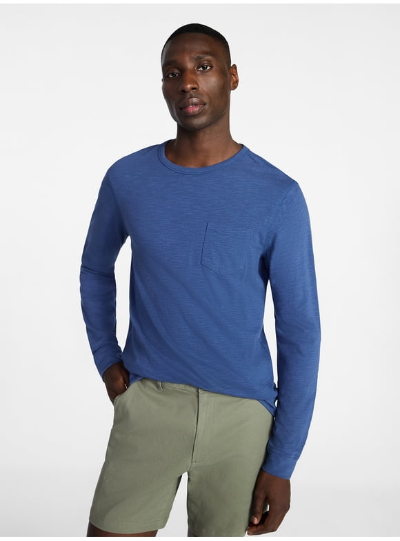 Men's and Big Men's Slub Pocket Crewneck Tee with Long Sleeves, Size XS-3XL