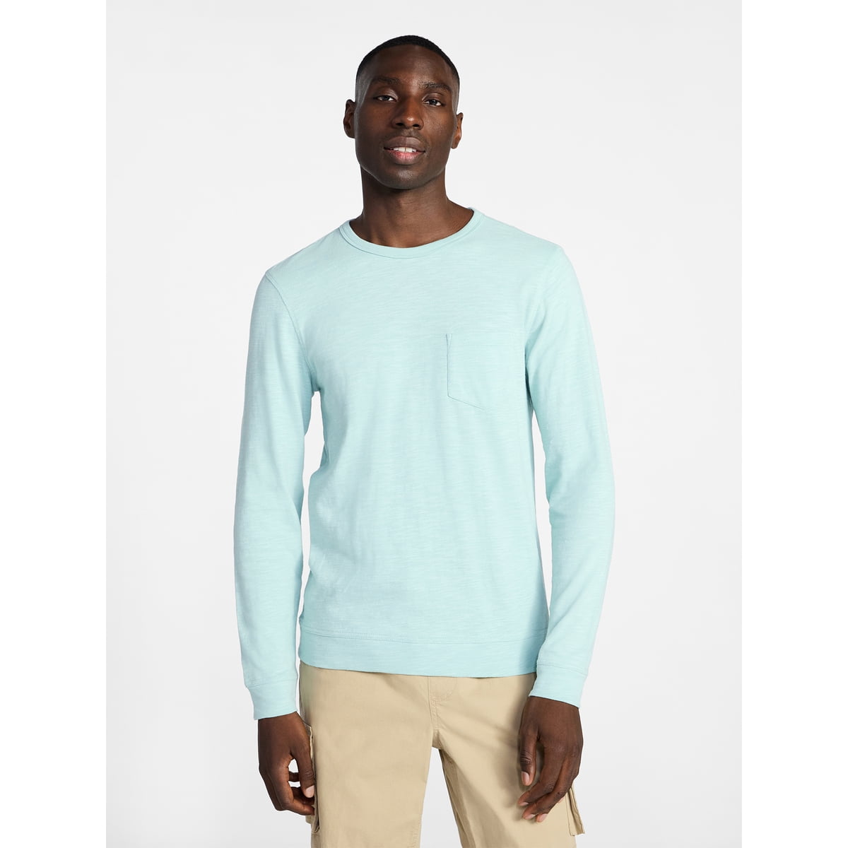 Men's and Big Men's Slub Pocket Crewneck Tee with Long Sleeves, 100% Cotton, Sizes XS-3XL