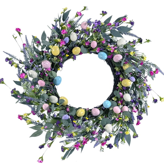 SLUMLOVE 22 Inch Easter Wreath for Front Door, Farmhouse Spring Wreath with Pastel Eggs, Lavender & Wildflowers, Handcrafted Artificial Wreath for Entryway, Mantel, Indoor Outdoor Decor