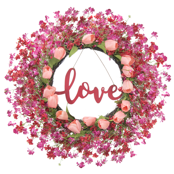 SLUMLOVE 22" Valentines Day Wreath Pink Wreaths with Tulips, Pink&Red Berries Valentines Day Wreaths for Front Door, Wedding, Anniversary, Candlelight Dinner & Home Decor