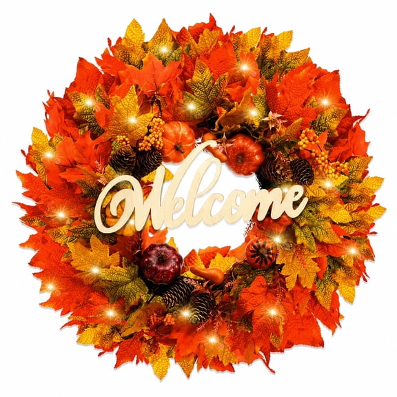 SLUMLOVE 24 in Lighted Fall Wreath for Front Door, Pumpkin Maple Leaf Decor with Welcome Sign