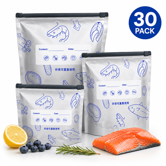 SLUMLOVE 30PCS Reusable Aluminum Foil Freezer Bags, Resealable Stand-Up Food Storage Bags