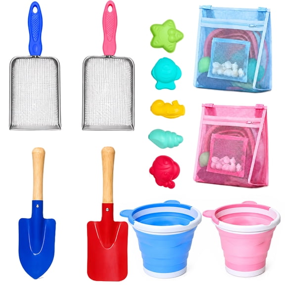 SLUMLOVE Beach Sand Toys Mesh Shovel Set, 2 Collapsible Buckets, 2 Shark Tooth Sifters, 2 Mesh Bags, Shovels and Sand Molds for Shell Collecting