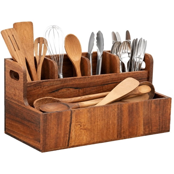 SLUMLOVE Acacia Wood Utensil Holder, 4 Compartments Large Wooden Kitchen Utensil Organizer for Countertop & Kitchen Counter, Rustic Farmhouse Crock