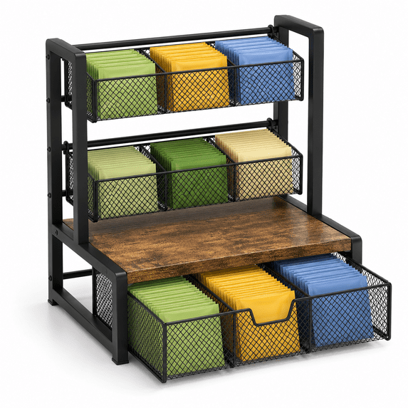 SLUMLOVE Tea Bag Organizer, Wood Tea Organizers and Storage Chest, Tea Bag Holder with Pull-Out Drawer & 2 Wire Baskets, Tea Station Display Rack for Countertop Kitchen Cabinet