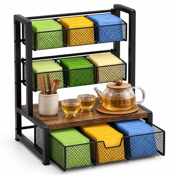 SLUMLOVE Tea Bag Organizer, Wood Tea Organizers and Storage Chest, Tea Bag Holder with Pull-Out Drawer & 2 Wire Baskets, Tea Station Display Rack for Countertop Kitchen Cabinet