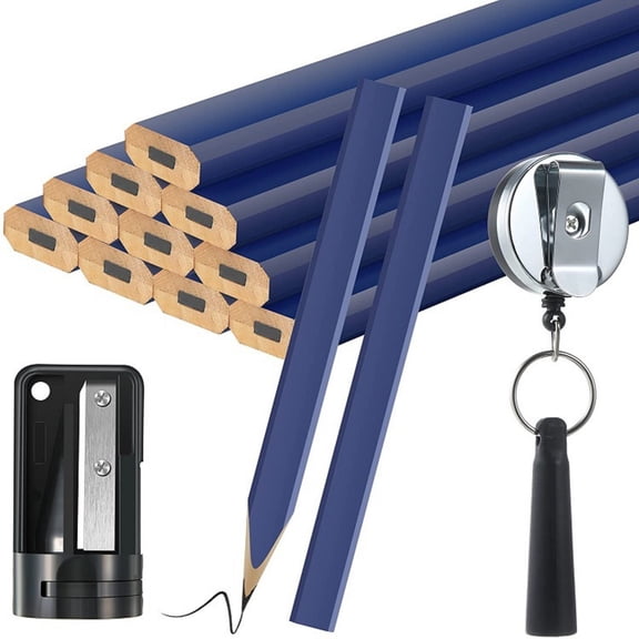 SLUOHZXI 12Pcs Carpenter Pencils,6.8 Inches Flat Octagonal Hard Black Woodworking Construction Pencils Heavy Duty with Pencil Sharpener and Retractable Pull Pen Holder for Contractor Carpentry(Blue)