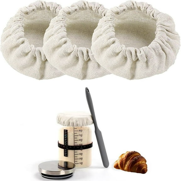 SLUOHZXI 3Pcs Sourdough Jar Cover, Reusable Sourdough Starter Jars Covers Linen Elastic Cloth Breathable Jar Topper Lid Fermentation Container Tops for Kombucha Mason Jars Fermentation Cheese