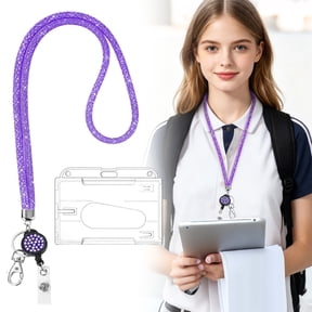 SLUOHZXI Bling Rhinestone Retractable Lanyard with Clear Horizontal ID Card Holder, Sparkle Glitter Neck Strap for Work Badge, Card, Keys & Pass - Purple