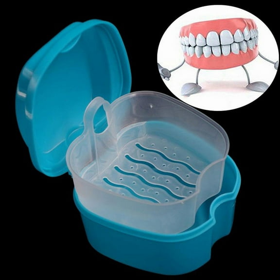 SLUOHZXI Dark Blue Denture Soaking Container Partial Denture Case, Orthodontic Retainer Cleaning Case Denture Cleaner Container Dentures Teeth Cup with Strainer and Lid Waterproof