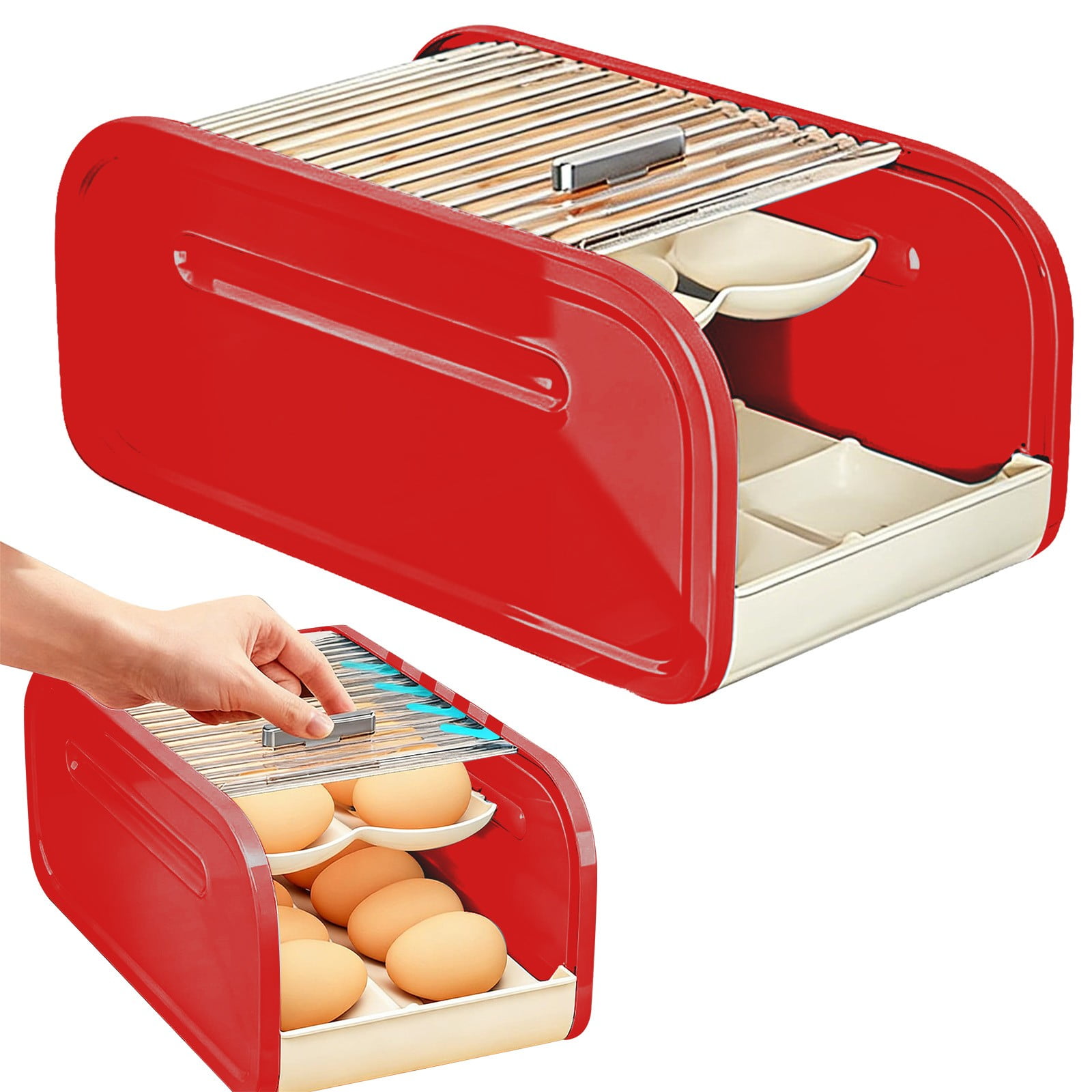 SLUOHZXI Egg Container Holders Dispenser for Refrigerator Eggs, 2 Tier Red Stackable Holder Tray with Drawer for Fridge, Storage Container with Handles for Refrigerator, Countertop