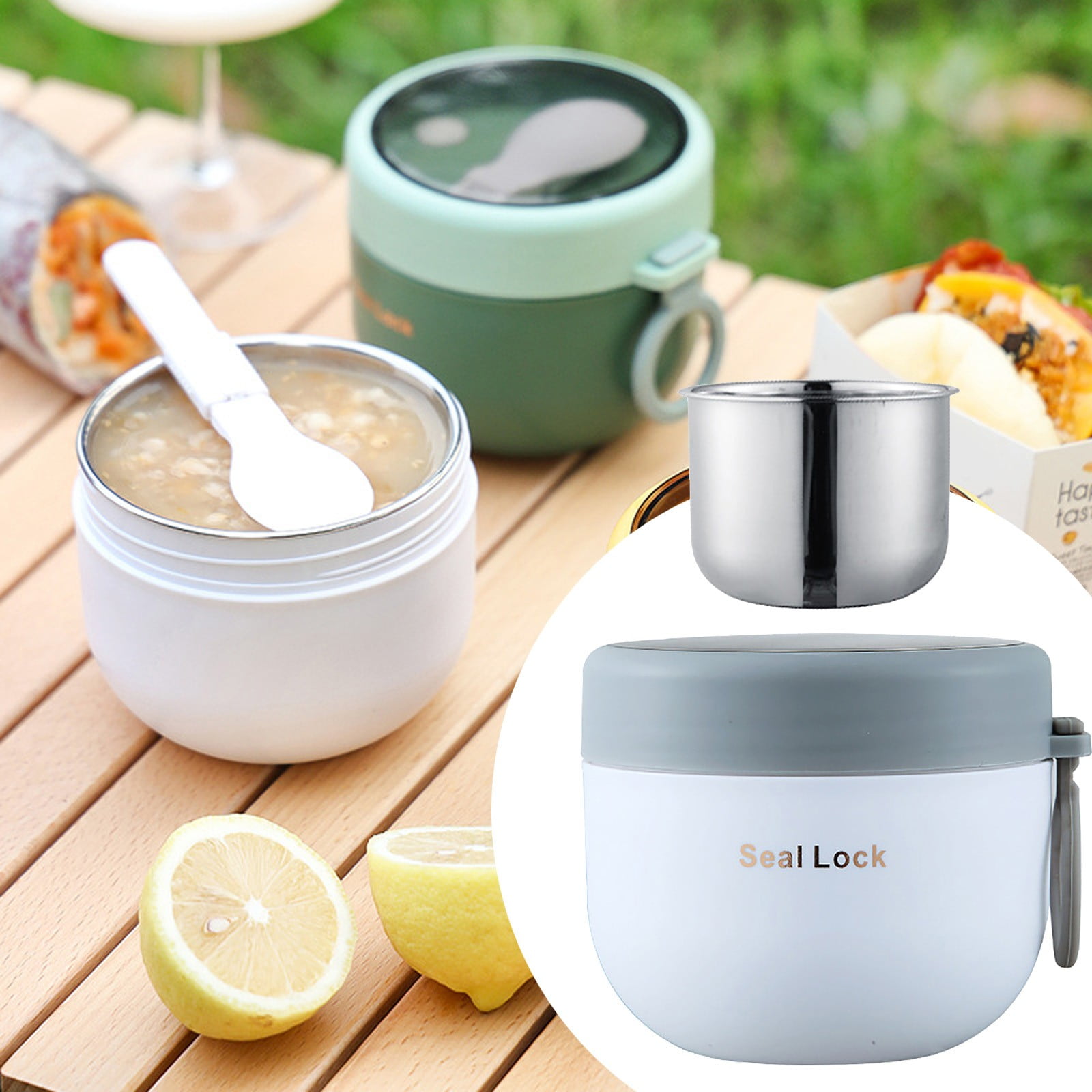 SLUOHZXI Food Jar for Hot Food Adults 600ml Soup Thermo Lunch Containers Wide Mouth Vacuum Insulated Stainless Steel Leakproof Bento Box with Spoon (Beige)