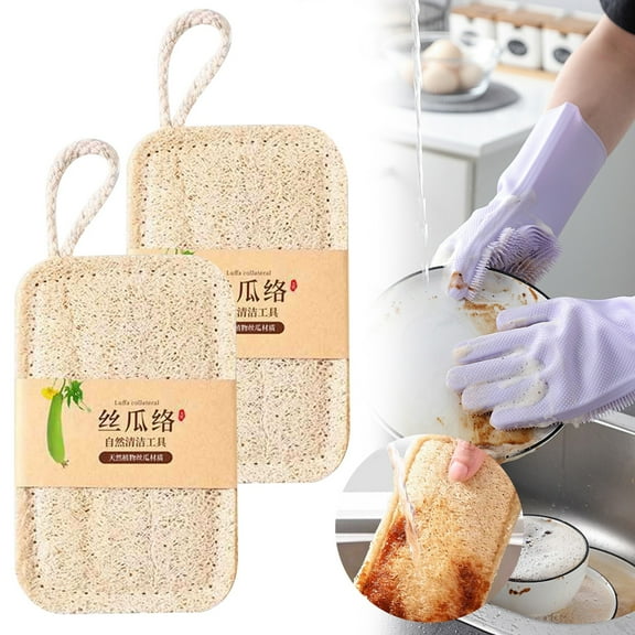 SLUOHZXI Natural Cleaning Sponges, Organic Luffa Dish Scrubber, Plant-Based Compostable Kitchen Dishwasher Sponge, Cleans Sink, Grout & Tile, Non Scratch Scouring Pad - 4.33 x 2.75 in, Pc of 2