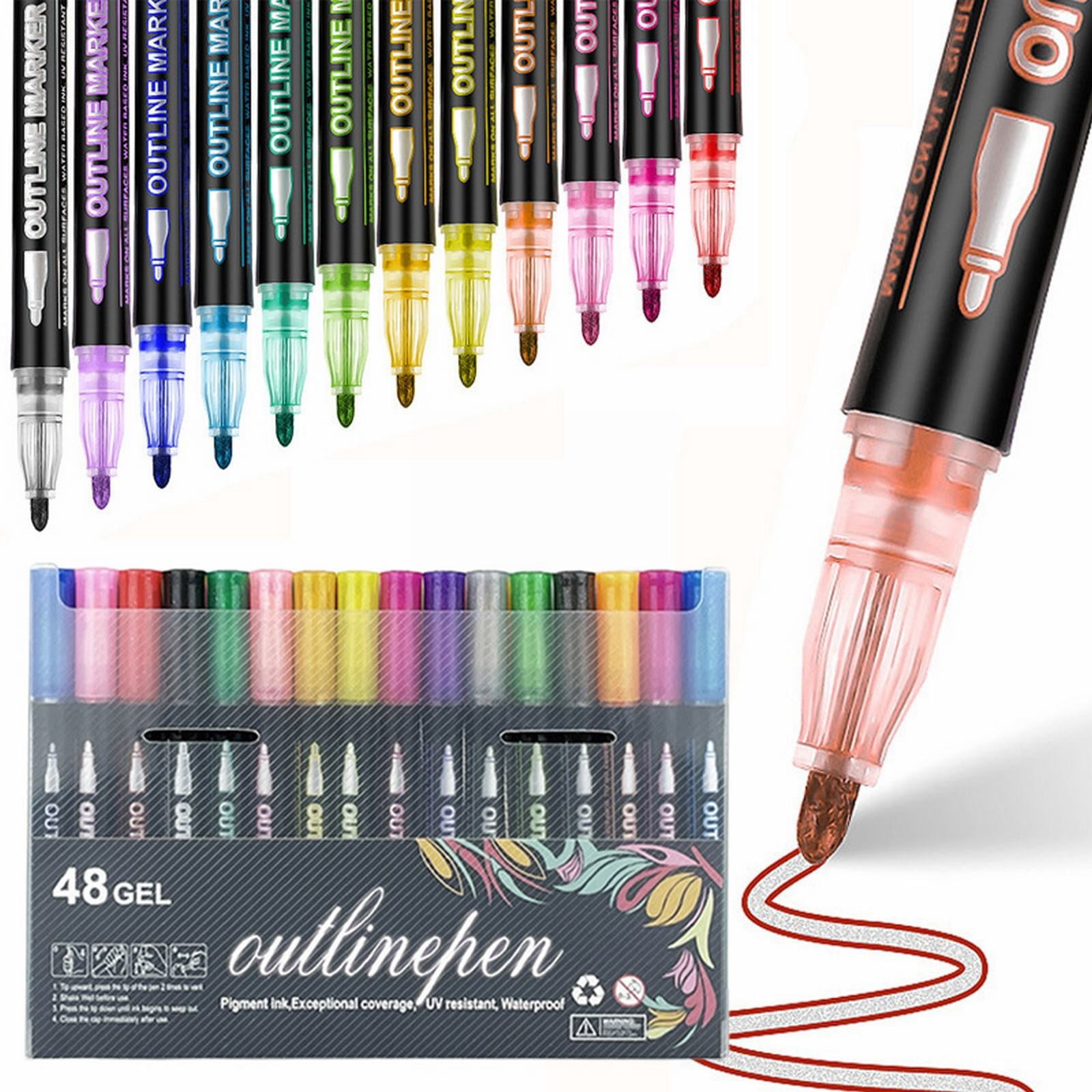 SLUOHZXI Outline Marker Self-outline Metallic Markers, 48 Colors Squiggles Shimmer Outline Markers Pen Set for Drawing Art Supplies, Glitter Pen Set for Cards Lettering, Gift