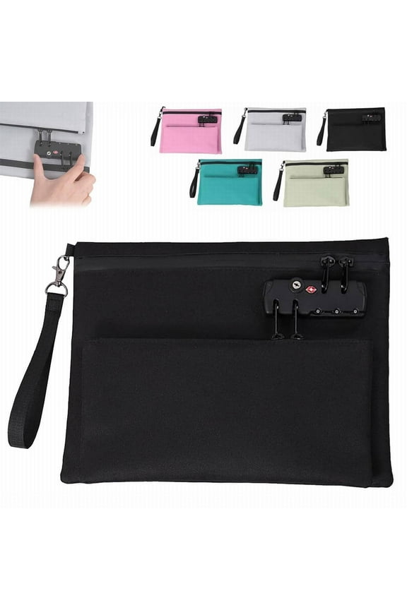 Travel Security Lock Bag - Double Layer Anti-Theft Zipper Handbag with Combination Lock for ID/Valuables Black