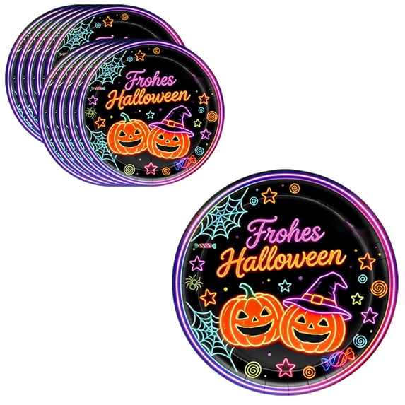 SLYNSHome 10Pcs 9 inch Halloween Paper Plates Disposable Tableware, Neon Pumpkin Witch Print Paper Plates Holiday Indoor Party Supplies Table Decorations