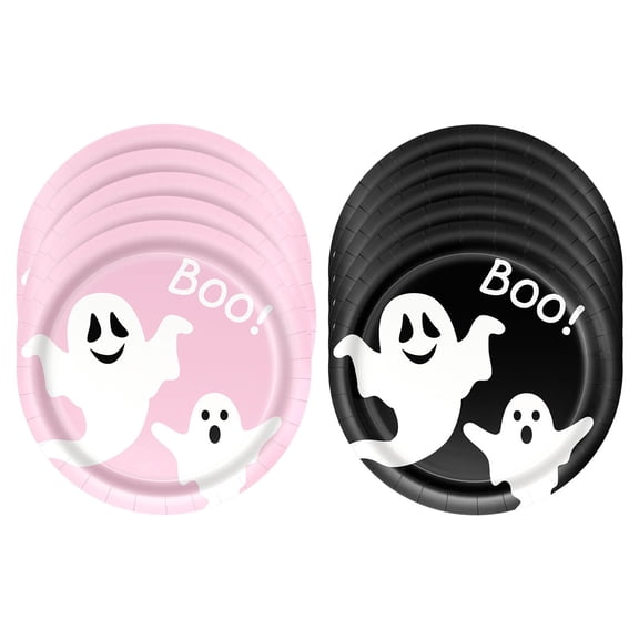 SLYNSHome 10Pcs 9 inch Pink Black Ghost Paper Plates Disposable Tableware for 10 Guests,Holiday Indoor Party Supplies Dining Table Decor