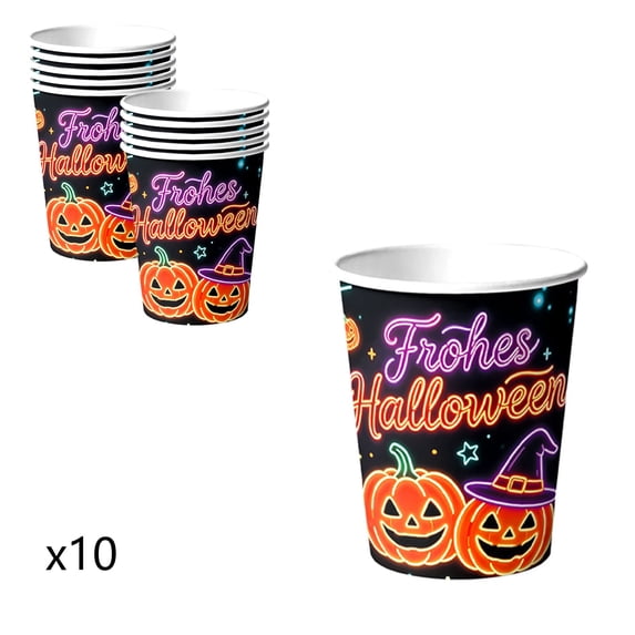 SLYNSHome 10Pcs Halloween Paper Cup Disposable Tableware, Neon Pumpkin Witch Print Paper Mug Holiday Indoor Party Supplies Table Decorations