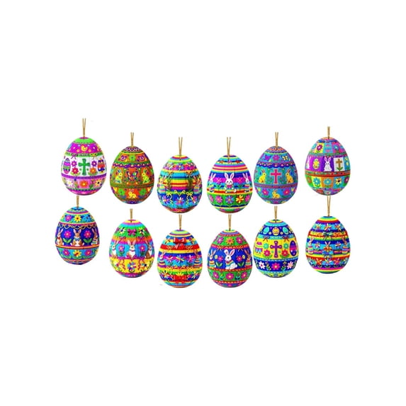 SLYNSHome 12 Pcs Easter Hanging Eggs Ornaments Printed Easter Decorations Eggs Tree Decor for Party Birthday Home Garden