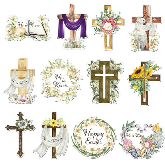 SLYNSHome 12Pcs Religious Easter Ornaments Rustic Jesus Cross Wood Cutouts Tree Ornaments Easter Decorations for Small Tree Home Indoor Decor