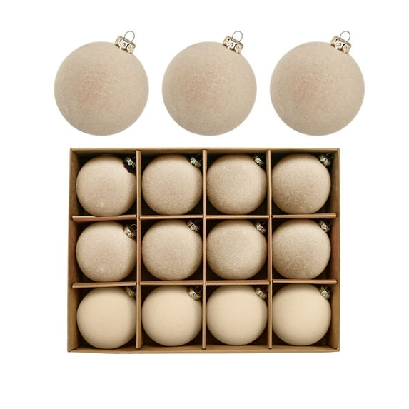 SLYNSHome 12Pcs Velvet Christmas Balls Bulk for Xmas Tree Hanging Flocked Ball Ornaments for Home Party Supplies - Beige