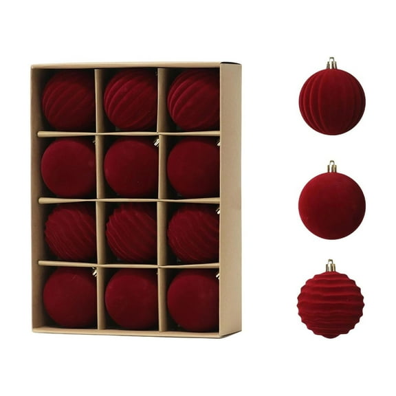 SLYNSHome 12Pcs Velvet Christmas Balls Flocked Christmas Tree Ball Ornaments Shatterproof Hanging Ornament Holiday Decorations - Red