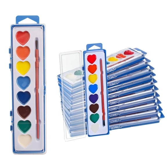 SLYNSHome 12Pcs Water Color Paint 8 Colors Heart Watercolor Paint Set with Paintbrush Washable Valentines Gifts Art Supplies for Party Favor
