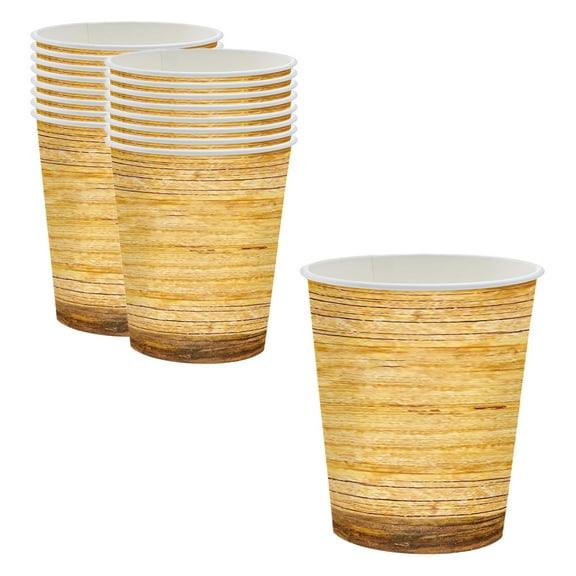 SLYNSHome 16-piece Paper Cup,Camping Wood Grain Slice Disposable Coffee Mug Tea Cup for Hot/Cold Beverage Party