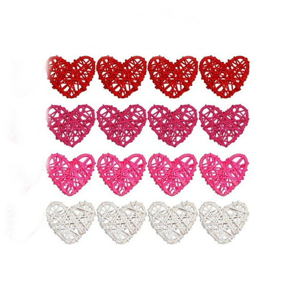 SLYNSHome 16Pcs Natural Rattan Heart Hanging Ornaments Red White Pink Heart Shaped Wicker Balls for Valentine's Day Wedding Party Decorations