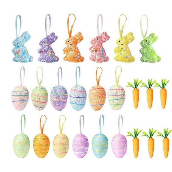 SLYNSHome 24Pcs Easter Decorations Easter Bunny Egg Carrot Hanging Ornaments Colorful Foam Glitter Artificial Easter Tree Decorations Home Party DIY Crafts
